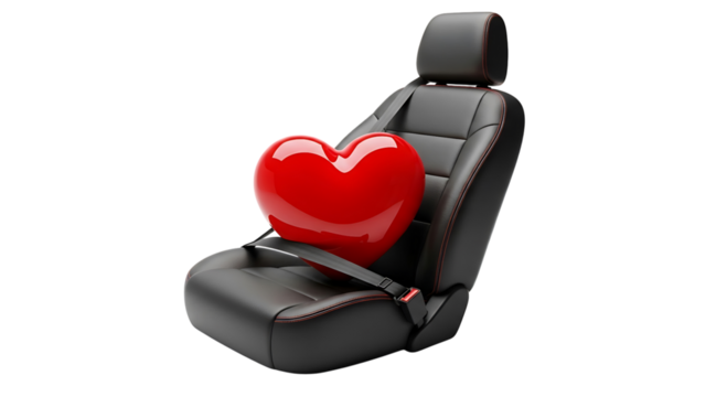 A red heart secured by a seatbelt on a car seat isolated on transparent background