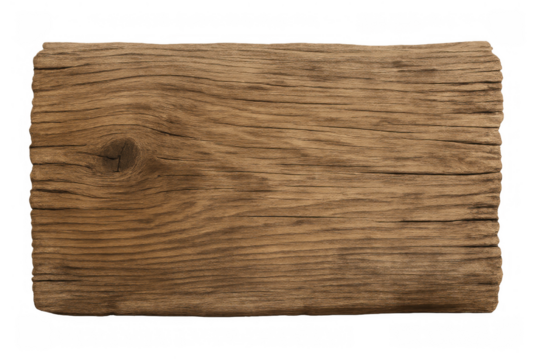 Weathered brown wood board showing natural grain, knot details, and uneven surface texture, isolated on a transparent background