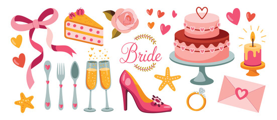 Bachelorette Party Icons Set – Retro Cartoon Girls Night Elements with Bride Dress, Cake, Champagne Glasses, Disco Ball, Fun Bridal Shower Vector Illustration