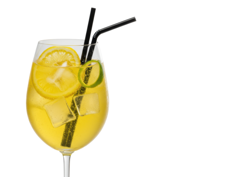 saturated yellow limoncello spritz cocktail in a frosted crystal stemmed glass, geometric ice, matte black straws, and lemon garnish, isolated on a transparent background. Concept for beverage