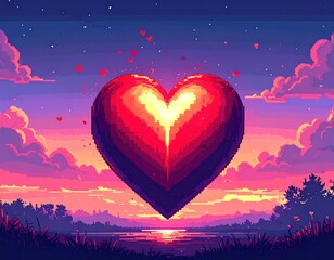 Pixelated red heart floating above a dreamy sunset scene