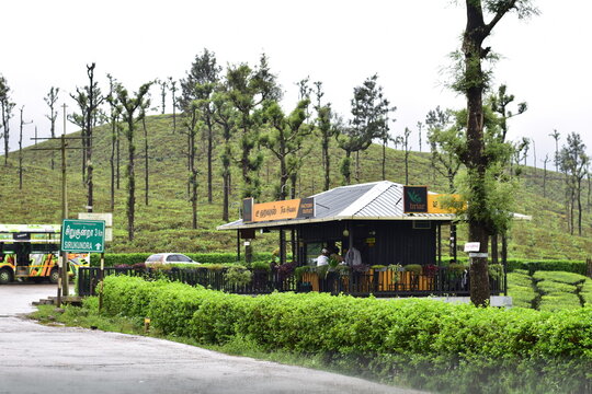 Valparai, Tamilnadu, India - September 28, 2025: A small tea shop surrounded by lush green tea plantations near Sirukundra, Valparai, offering a peaceful stop amid misty hill landscapes