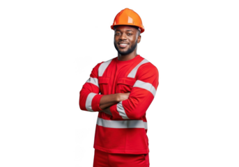 A smiling construction worker wearing a bright orange safety helmet and red work uniform with reflective stripes isolated on transparent background