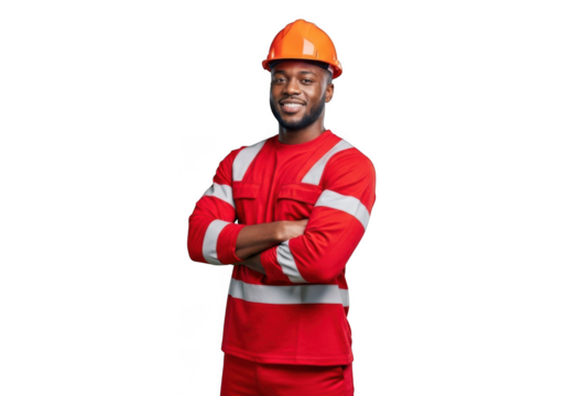A smiling construction worker wearing a bright orange safety helmet and red work uniform with reflective stripes isolated on transparent background