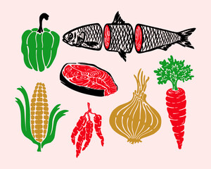 Healty realfood fish vegetable collection illustration vector clip art isolated editable