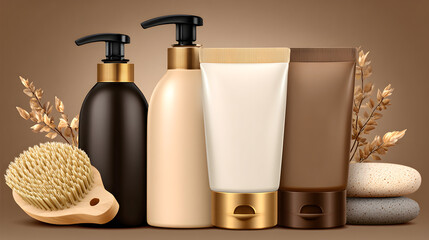 Elegant cosmetic product display with natural elements and neutral tones.
