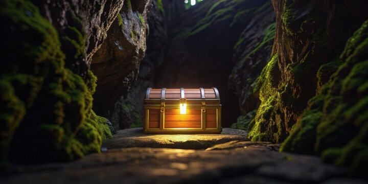 Pirate A glowing treasure chest nestled in a moss-covered cave.
