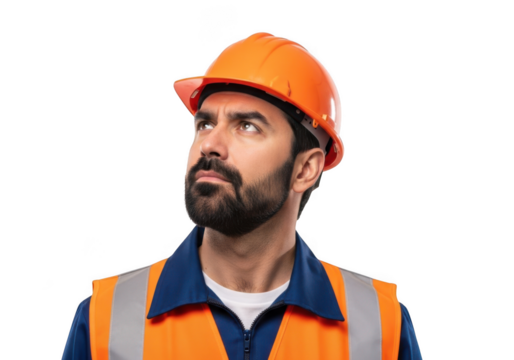 A bearded construction worker wearing an orange hard hat and high visibility vest looking upward isolated on transparent background