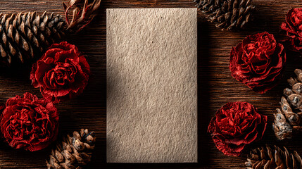 Elegant Book Cover Mockup with Red Roses and Pine Cones.