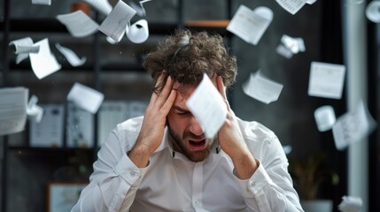 Frustrated man overwhelmed by falling papers in chaotic office environment with stress and anxiety visible on his face