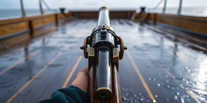 Pirate A close-up view of a ship's cannon on a wooden deck, evoking a maritime atmosphere.