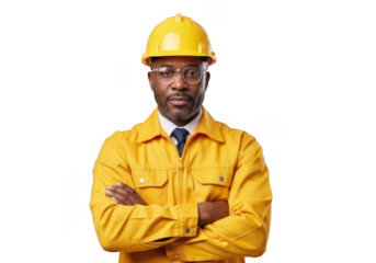 Serious african american construction worker wearing yellow hard hat and uniform with arms crossed isolated on transparent background