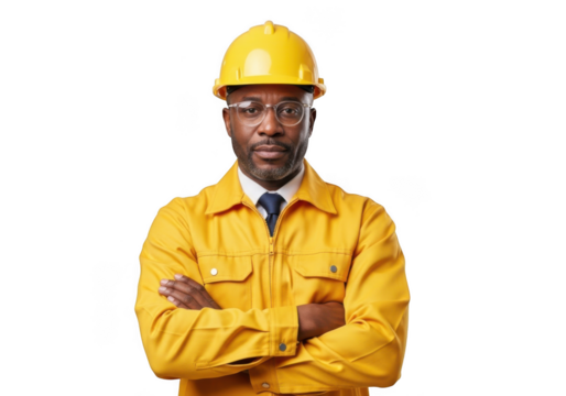 Serious african american construction worker wearing yellow hard hat and uniform with arms crossed isolated on transparent background