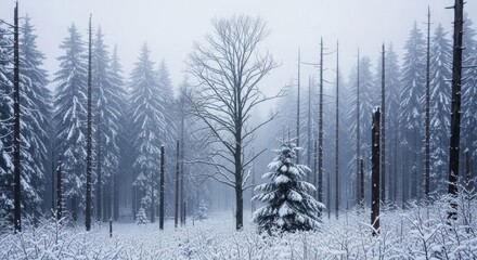 Misty winter forest landscape with snow covered trees. Serene woodland scenery during a cold season. Bare deciduous tree contrasting with evergreen spruce