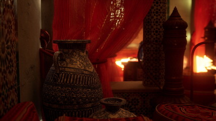 In a cozy Moroccan setting, rich fabrics and intricate pottery come together. Warm light glimmers through flowing curtains, creating an inviting atmosphere full of culture and artistry.