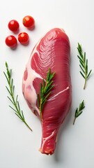 A raw piece of meat accompanied by a sprig of rosemary, great for use in food photography or culinary illustrations