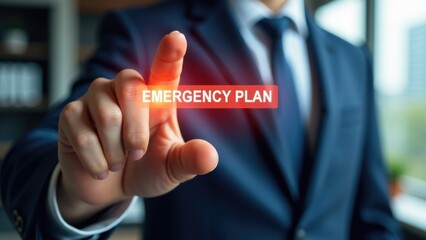 A man in a business suit points to an emergency plan sign, ready for action