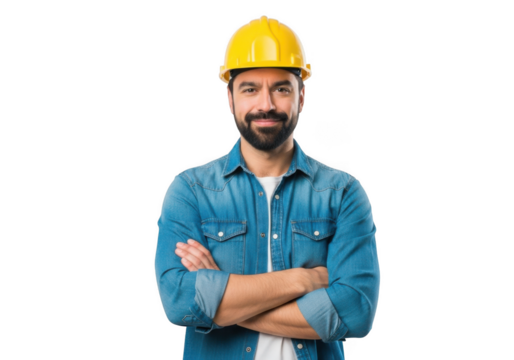 A construction worker wearing a yellow hard hat and blue denim shirt stands confidently with arms crossed isolated on transparent background
