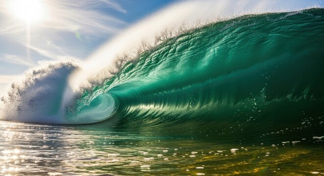 Powerful ocean wave curling into a perfect barrel. Dynamic force of nature with turquoise water and sun flare. Concept of energy momentum and environmental power. Extreme surfing conditions