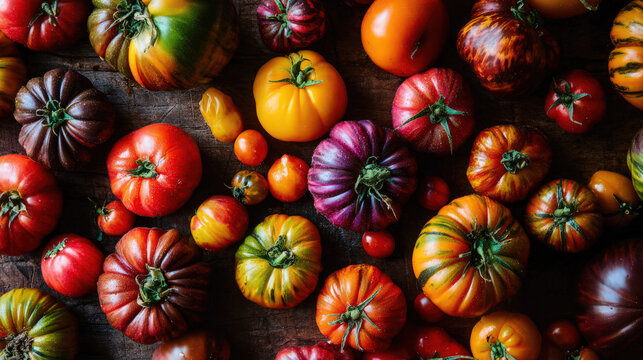 colorful heirloom tomatoes on rustic table - Powered by Adobe