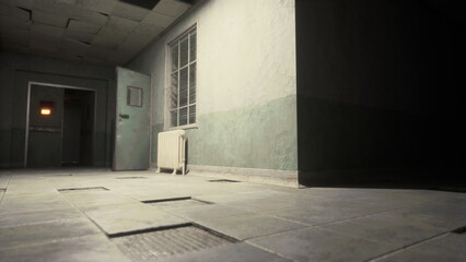 A somber corridor within a deserted structure. Light filters through a window, revealing cracks and peeling paint, evoking a sense of mystery and history.