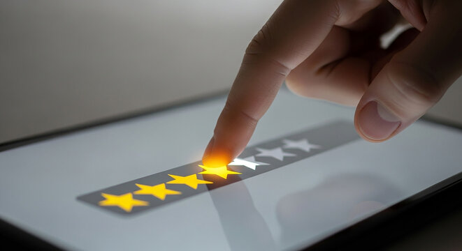 Customer giving a high rating with four yellow stars on a digital screen