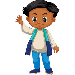 Cartoon Boy With Dark Hair And Friendly Expression Waving Hello Standing Wearing Blue Jeans A White Shirt And A Blue Green Scarf