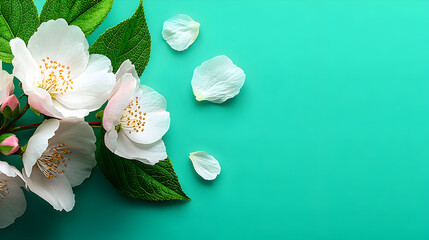 Elegant Jasmine Flowers and Green Leaves on Teal Background.