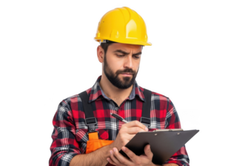Focused construction worker wearing a yellow hard hat and plaid shirt holding a clipboard and writing notes isolated on transparent background