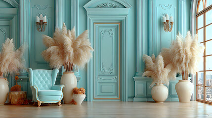 Elegant Interior with Pampas Grass and Pastel Blue Accents.