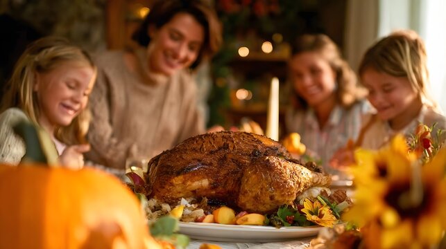 Multi-generational family smiling around Thanksgiving table with golden roast turkey centerpiece, autumn pumpkins, cozy candlelight warmth
