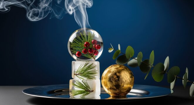 Conceptual Christmas decoration with frozen pine and red berries. Magical steam rising from a crystal sphere. Luxury New Year celebration still life. Elegant holiday marketing design element - Powered by Adobe