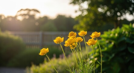 Yellow wildflowers blooming in a sunlit garden. Warm sunset light with soft focus bokeh. Natural floral scene for environmental concepts. Organic gardening and botanical beauty
