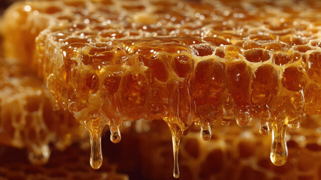 close-up honeycomb dripping with honey