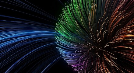 Abstract Fiber Optics Explosion with Colorful Light Streams on Black