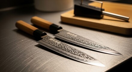 Professional Japanese chef knives with hammered steel blades. Artisan culinary tools for gourmet food preparation. High quality kitchen cutlery for fine dining. Gastronomy equipment concept