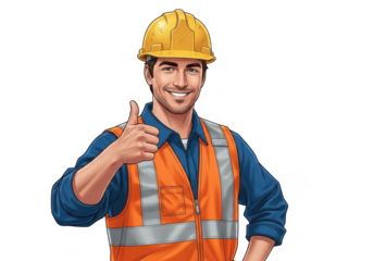 A smiling construction worker wearing a yellow hard hat and orange safety vest gives a thumbs up gesture isolated on transparent background