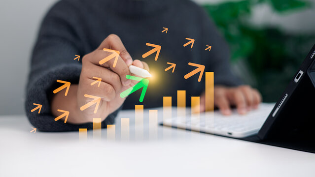 Business Growth and Success Concept with Hand Drawing Upward Arrows and Bar Chart