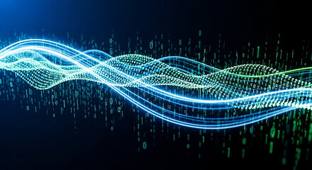 Abstract glowing blue and green sound wave visualization with digital data