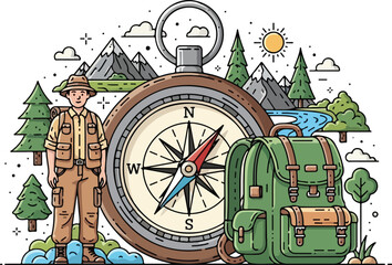Illustration of a hiker with a backpack and a large compass, set against a backdrop of mountains, pine trees, and a river under a sunny sky, depicting outdoor adventure and exploration.