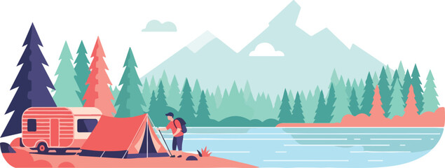 Flat illustration of a person camping by a lake with a camper van and tent, surrounded by a forest and mountains.