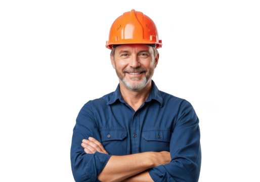 Smiling mature construction worker wearing an orange hard hat and blue work shirt with arms crossed isolated on transparent background - Powered by Adobe
