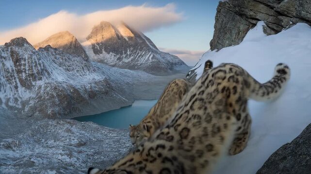 Majestic Snow Leopards Traverse a Snow Covered Mountain Slope Overlooking a Serene Alpine Lake During Golden Hour Lighting