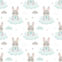 Adorable bunnies on clouds reading a book, pastel colors illustration seamless pattern for children textiles, cute wallpaper design, paper prints 
