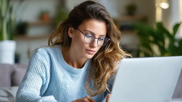 Focused Study: A woman concentrates intently on her laptop, bathed in natural light, showcasing a blend of contemporary lifestyle, education and digital engagement.