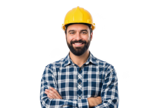Smiling construction worker with beard wearing a yellow hard hat and plaid shirt with arms crossed isolated on transparent background - Powered by Adobe