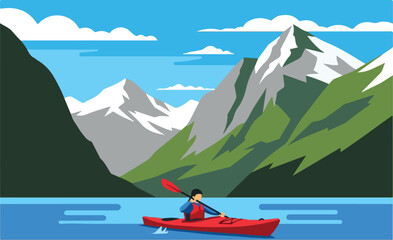 A person kayaking on a serene lake surrounded by majestic snow-capped mountains and green hills under a clear sky.