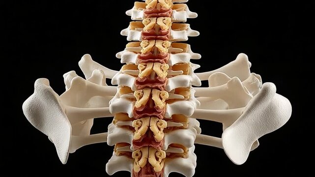 Spine Anatomy: An intricate view of the human spine, revealing the complex structure and form that supports life's motions. This medical illustration offers an in-depth look at skeletal details.