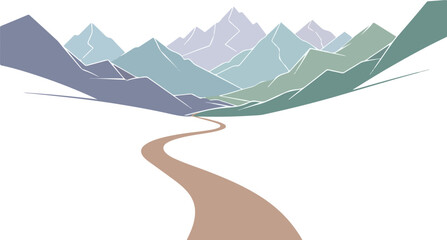 A minimalistic graphic illustration of a winding road leading through a valley towards stylized mountains under a clear sky.