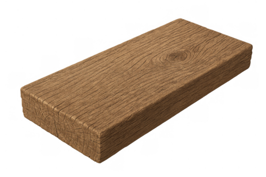Wooden block displaying natural wood grain texture, a brown timber plank element on transparent background